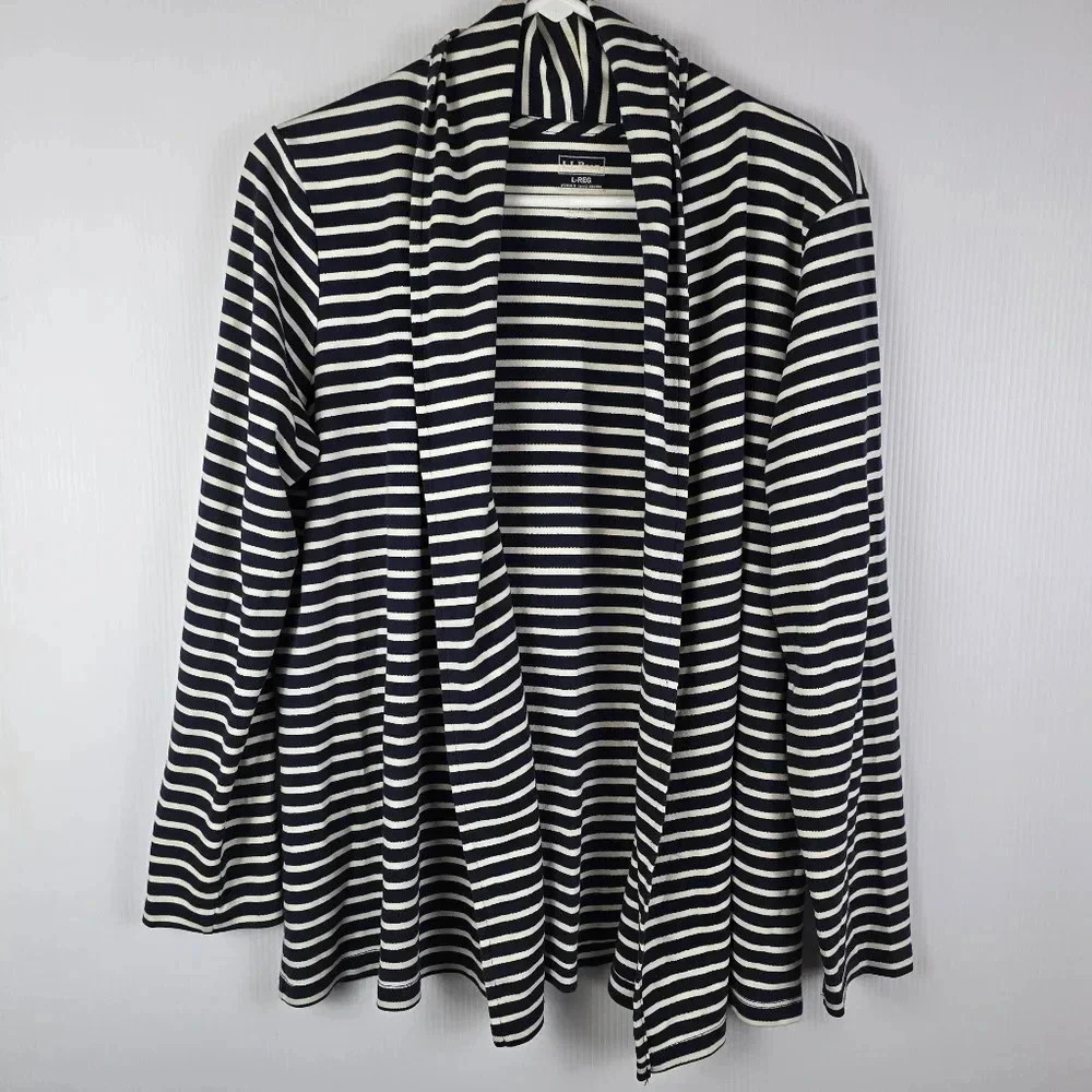 LL Bean Women's Blue and White Striped Open Front Wrap Cardigan SizeL 100%Cotton